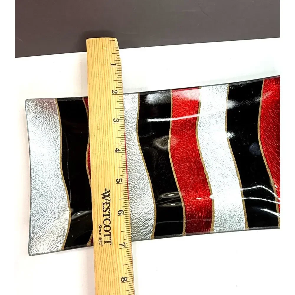 Unmarked Fused Glass Valet Tray Vertical Stripes in Metallic Red Black Silver